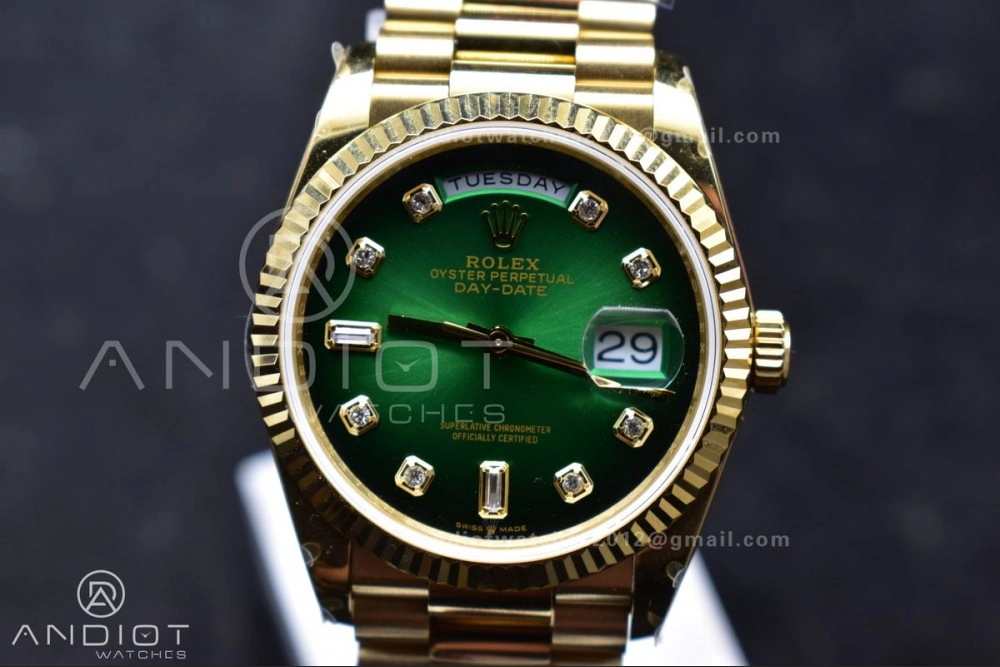 DayDate 36 YG QF Best Edition 904L Steel Faded Green Dial with Square Diamond on President Bracelet vr3255 V5 (Gain Weight)