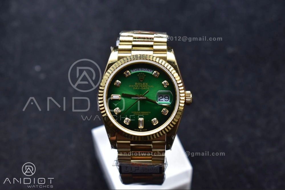 DayDate 36 YG QF Best Edition 904L Steel Faded Green Dial with Square Diamond on President Bracelet vr3255 V5 (Gain Weight)