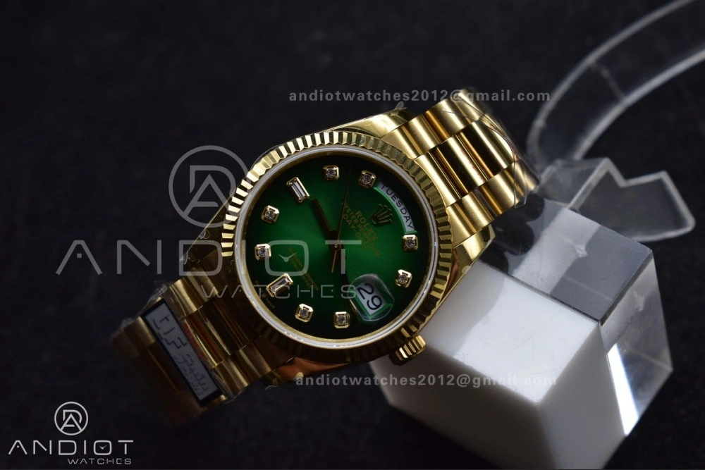 DayDate 36 YG QF Best Edition 904L Steel Faded Green Dial with Square Diamond on President Bracelet vr3255 V5 (Gain Weight)