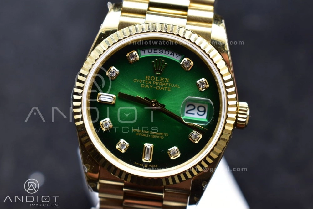 DayDate 36 YG QF Best Edition 904L Steel Faded Green Dial with Square Diamond on President Bracelet vr3255 V5 (Gain Weight)