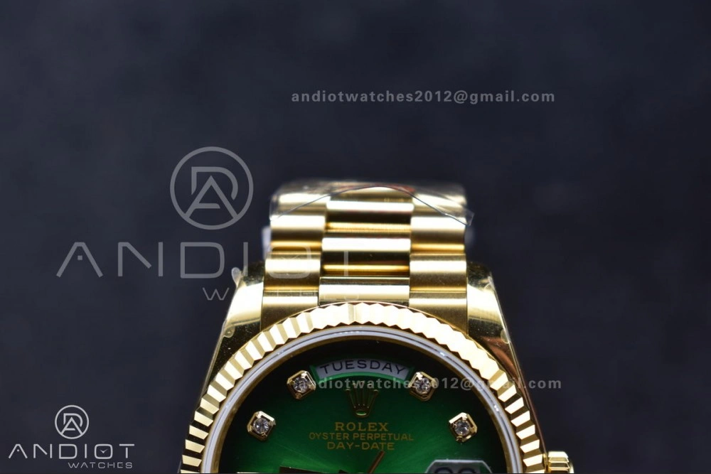 DayDate 36 YG QF Best Edition 904L Steel Faded Green Dial with Square Diamond on President Bracelet vr3255 V5 (Gain Weight)