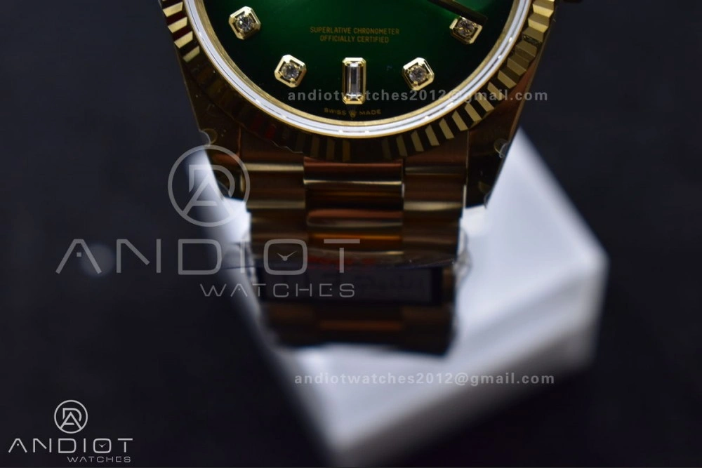 DayDate 36 YG QF Best Edition 904L Steel Faded Green Dial with Square Diamond on President Bracelet vr3255 V5 (Gain Weight)
