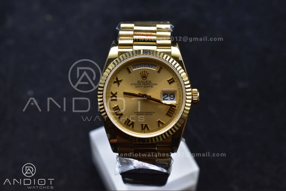 DayDate 36 YG QF Best Edition 904L Steel Gold Dial with Roman Mark on President Bracelet vr3255 V5 (Gain Weight)