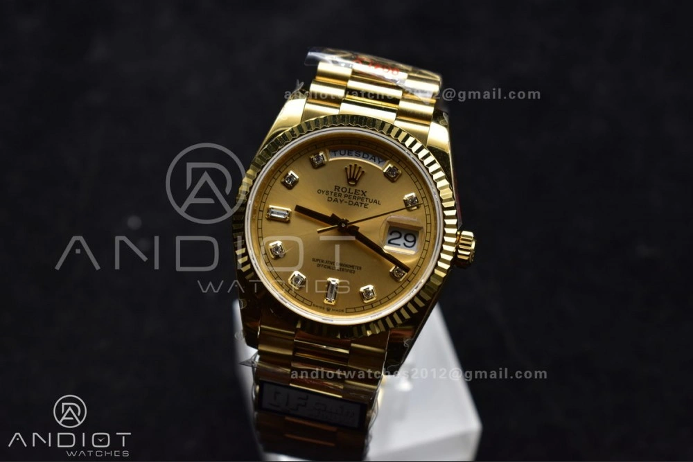 DayDate 36 YG QF Best Edition 904L Steel Gold Dial with Square Diamond on President Bracelet vr3255 V5 (Gain Weight)