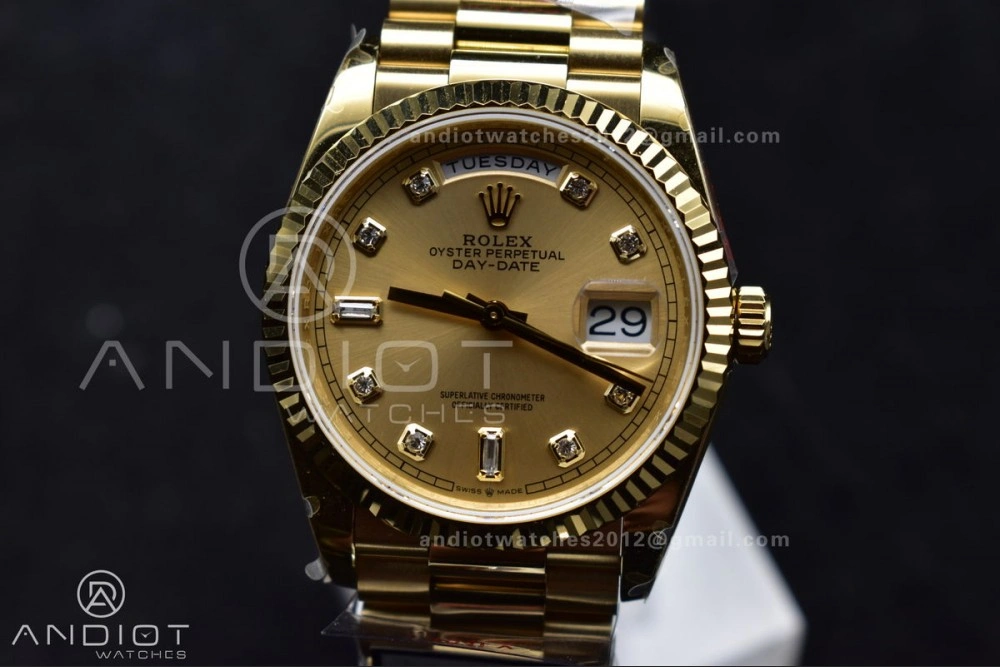 DayDate 36 YG QF Best Edition 904L Steel Gold Dial with Square Diamond on President Bracelet vr3255 V5 (Gain Weight)