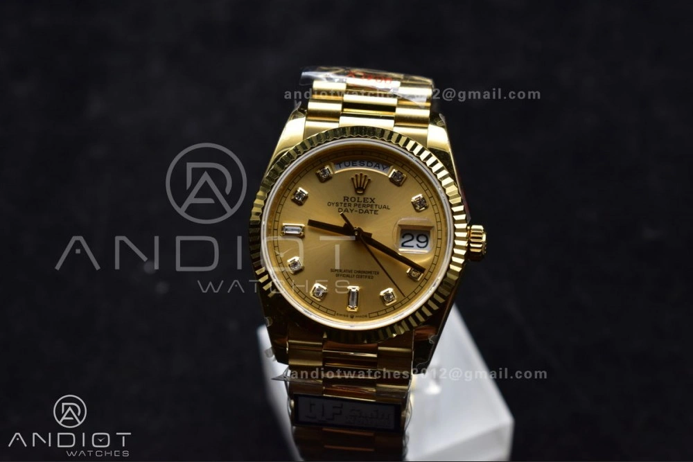 DayDate 36 YG QF Best Edition 904L Steel Gold Dial with Square Diamond on President Bracelet vr3255 V5 (Gain Weight)