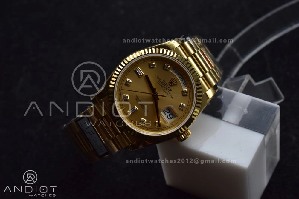 DayDate 36 YG QF Best Edition 904L Steel Gold Dial with Square Diamond on President Bracelet vr3255 V5 (Gain Weight)