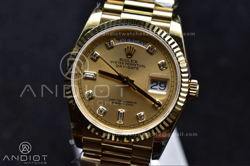 DayDate 36 YG QF Best Edition 904L Steel Gold Dial with Square Diamond on President Bracelet vr3255 V5 (Gain Weight)