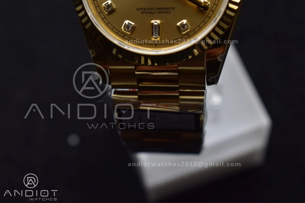 DayDate 36 YG QF Best Edition 904L Steel Gold Dial with Square Diamond on President Bracelet vr3255 V5 (Gain Weight)