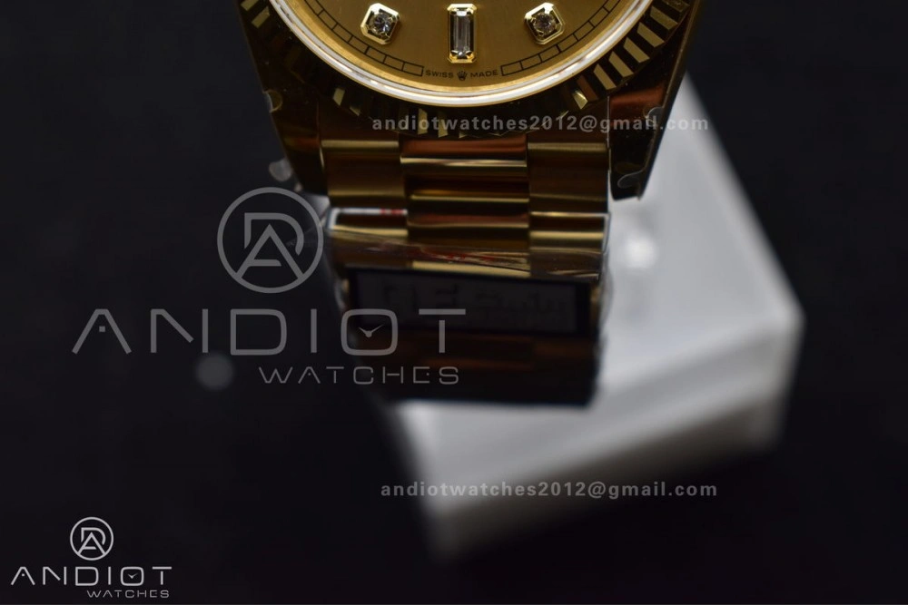DayDate 36 YG QF Best Edition 904L Steel Gold Dial with Square Diamond on President Bracelet vr3255 V5 (Gain Weight)