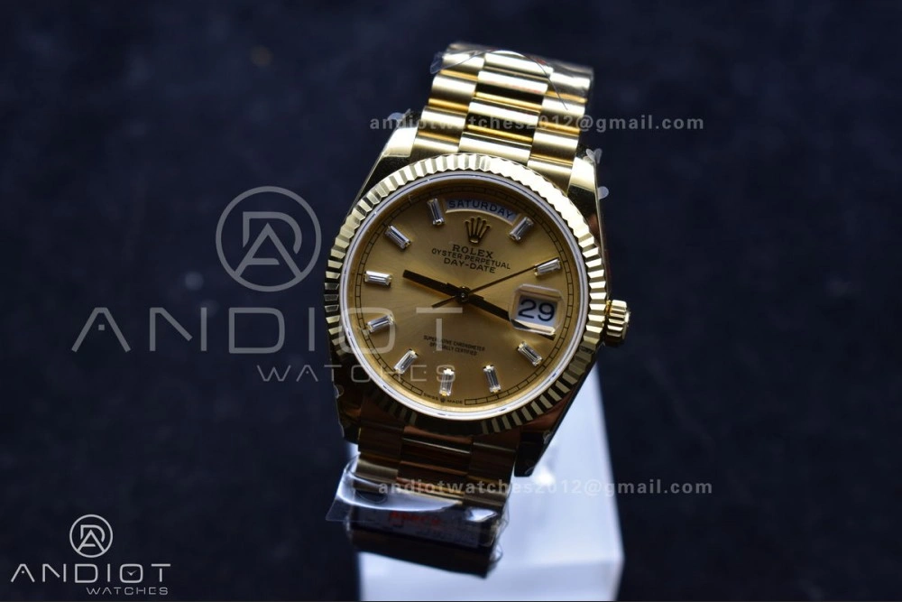 DayDate 36 YG QF Best Edition 904L Steel Gold Dial with Stick Diamond on President Bracelet vr3255 V5 (Gain Weight)