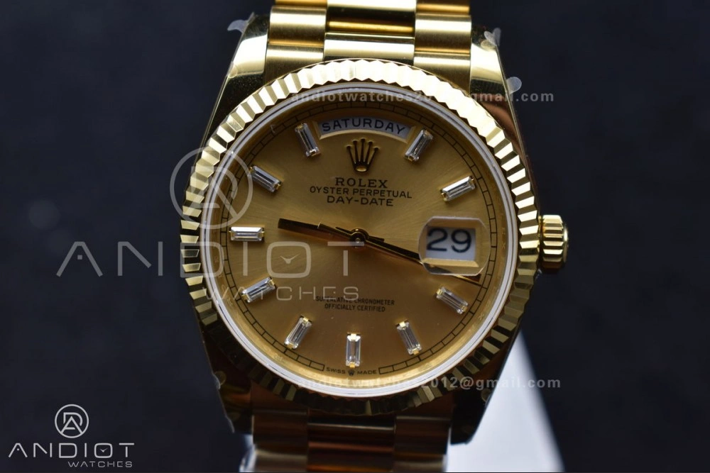 DayDate 36 YG QF Best Edition 904L Steel Gold Dial with Stick Diamond on President Bracelet vr3255 V5 (Gain Weight)