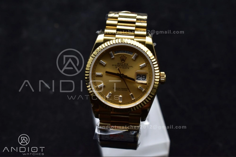 DayDate 36 YG QF Best Edition 904L Steel Gold Dial with Stick Diamond on President Bracelet vr3255 V5 (Gain Weight)