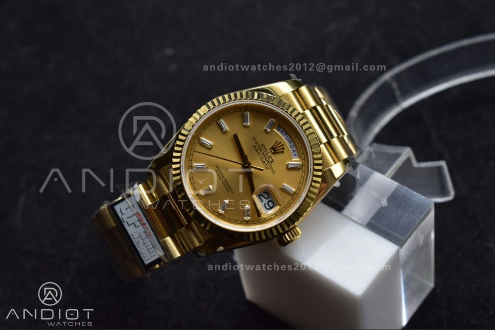 DayDate 36 YG QF Best Edition 904L Steel Gold Dial with Stick Diamond on President Bracelet vr3255 V5 (Gain Weight)