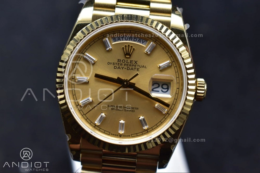 DayDate 36 YG QF Best Edition 904L Steel Gold Dial with Stick Diamond on President Bracelet vr3255 V5 (Gain Weight)