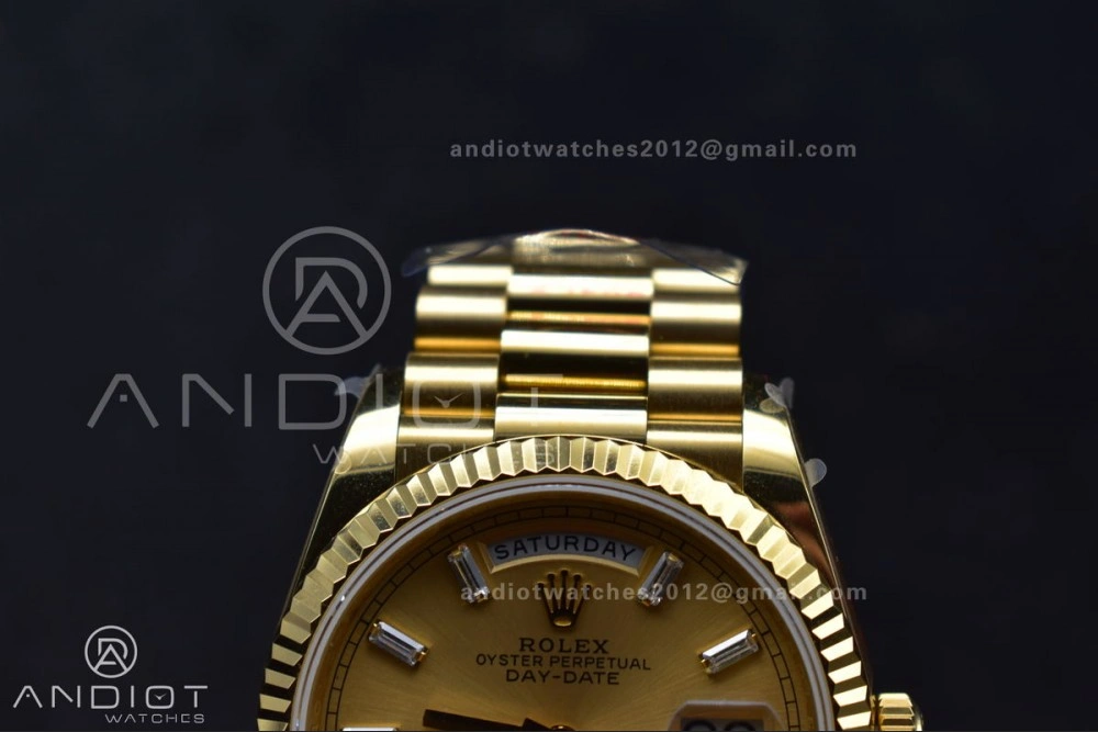 DayDate 36 YG QF Best Edition 904L Steel Gold Dial with Stick Diamond on President Bracelet vr3255 V5 (Gain Weight)