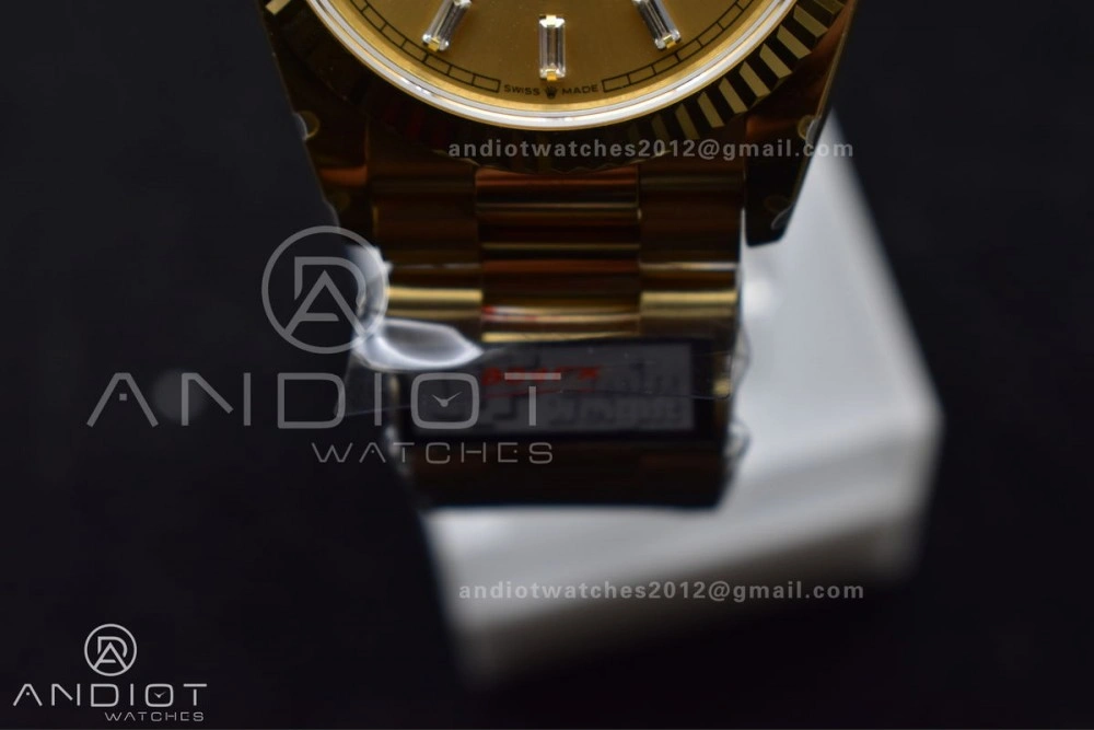 DayDate 36 YG QF Best Edition 904L Steel Gold Dial with Stick Diamond on President Bracelet vr3255 V5 (Gain Weight)