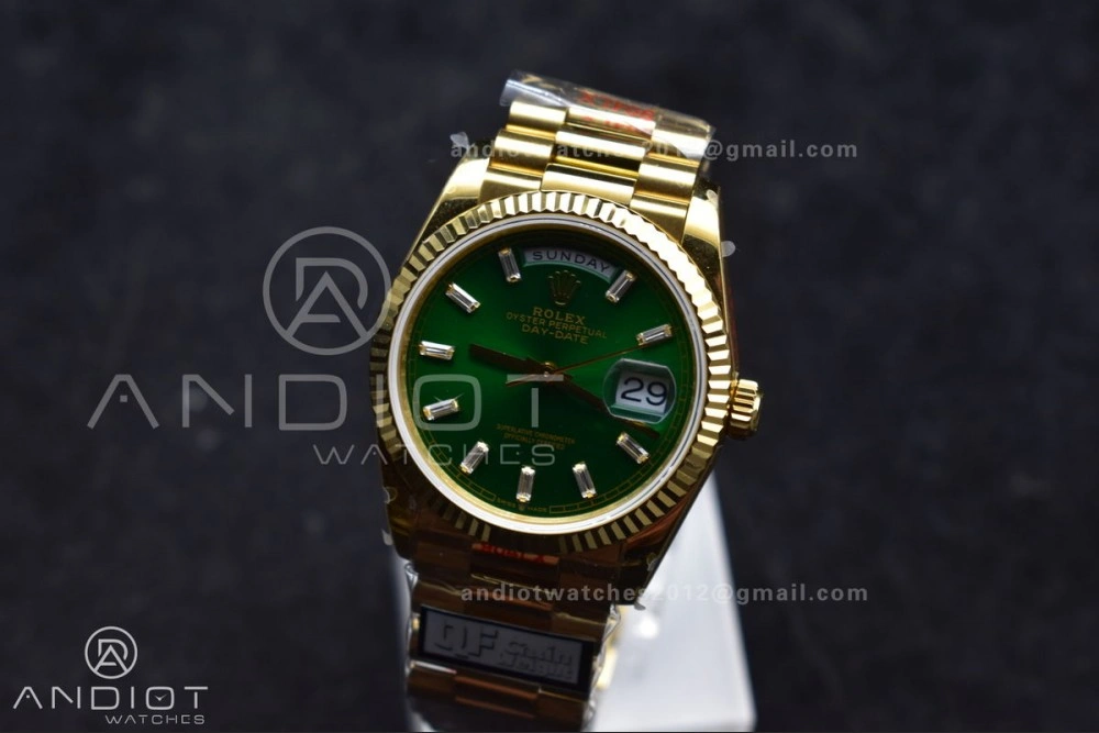 DayDate 36 YG QF Best Edition 904L Steel Green Dial with Stick Diamond on President Bracelet vr3255 V5 (Gain Weight)