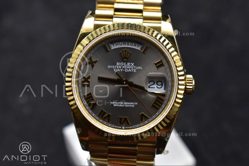 DayDate 36 YG QF Best Edition 904L Steel Grey Dial with Roman Marker on President Bracelet vr3255 V5 (Gain Weight)