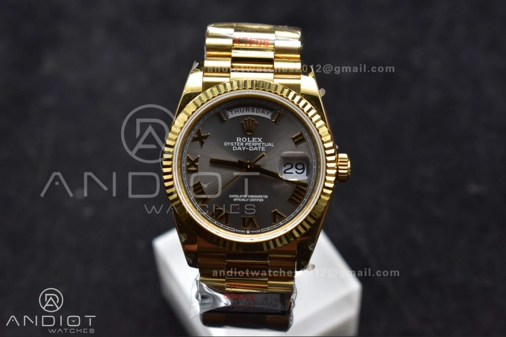 DayDate 36 YG QF Best Edition 904L Steel Grey Dial with Roman Marker on President Bracelet vr3255 V5 (Gain Weight)