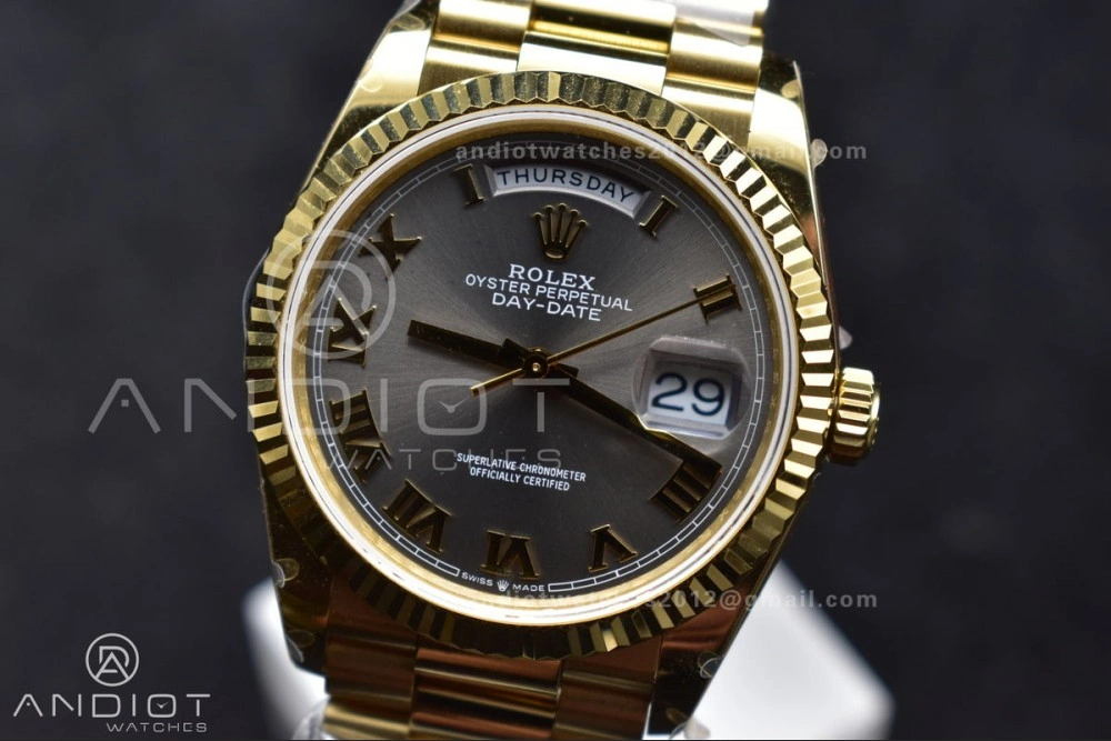 DayDate 36 YG QF Best Edition 904L Steel Grey Dial with Roman Marker on President Bracelet vr3255 V5 (Gain Weight)