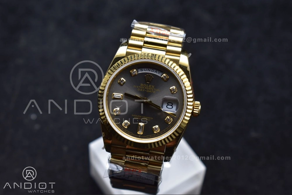 DayDate 36 YG QF Best Edition 904L Steel Grey Dial with Square Diamond on President Bracelet vr3255 V5 (Gain Weight)