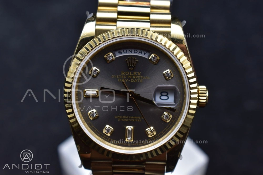 DayDate 36 YG QF Best Edition 904L Steel Grey Dial with Square Diamond on President Bracelet vr3255 V5 (Gain Weight)