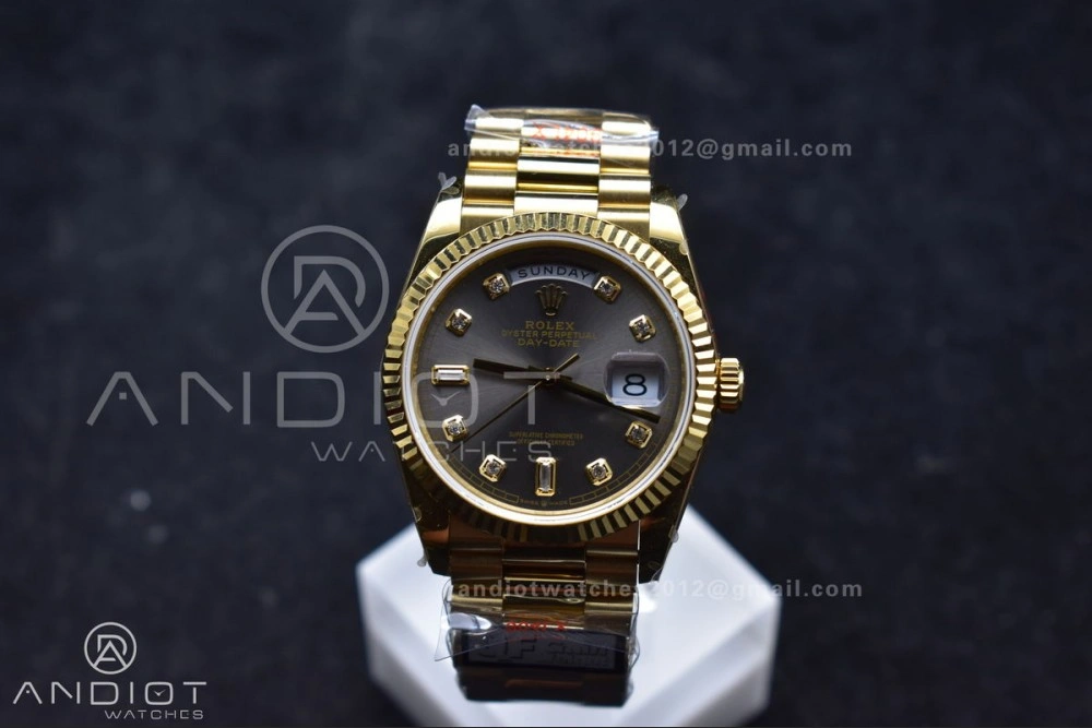 DayDate 36 YG QF Best Edition 904L Steel Grey Dial with Square Diamond on President Bracelet vr3255 V5 (Gain Weight)