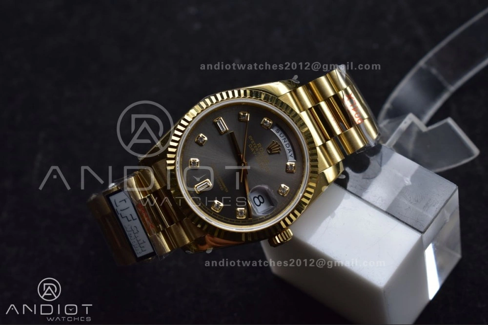 DayDate 36 YG QF Best Edition 904L Steel Grey Dial with Square Diamond on President Bracelet vr3255 V5 (Gain Weight)