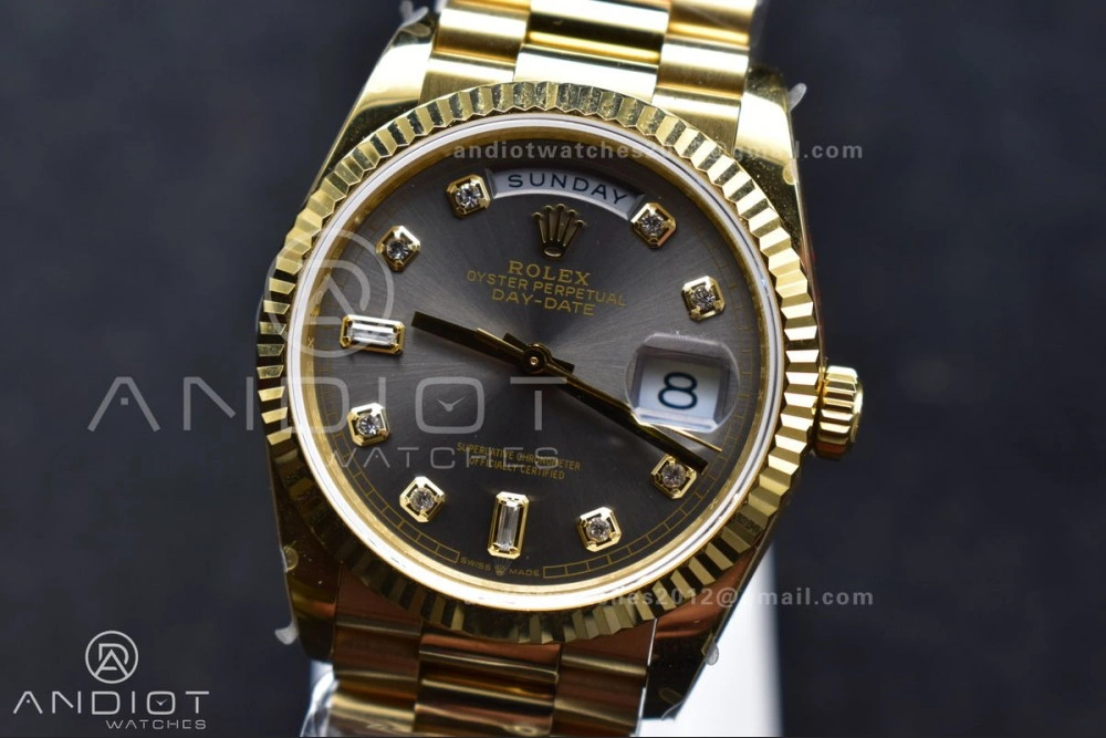 DayDate 36 YG QF Best Edition 904L Steel Grey Dial with Square Diamond on President Bracelet vr3255 V5 (Gain Weight)