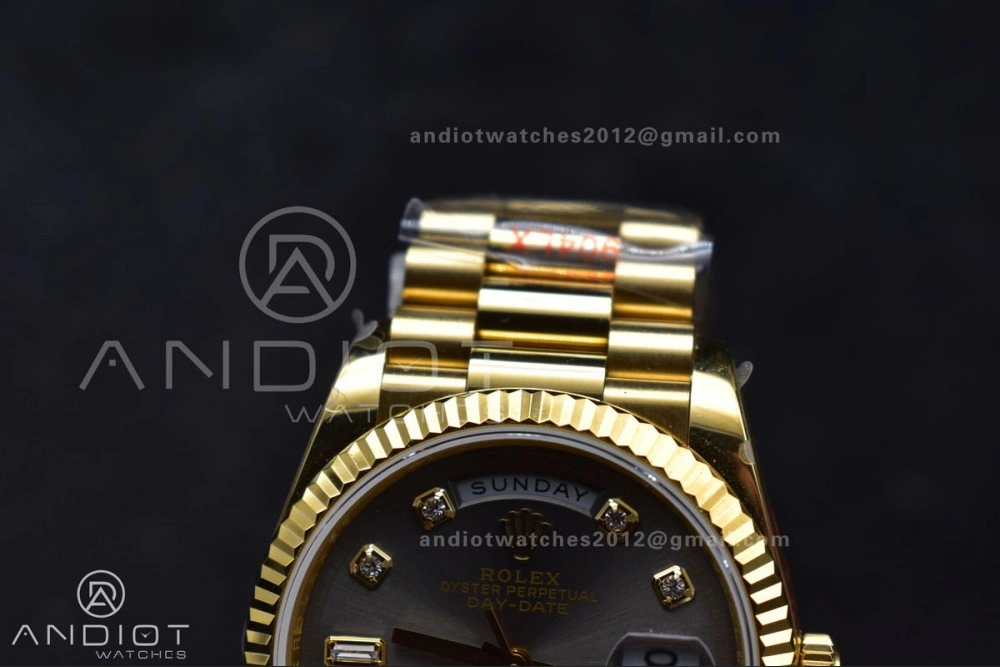 DayDate 36 YG QF Best Edition 904L Steel Grey Dial with Square Diamond on President Bracelet vr3255 V5 (Gain Weight)