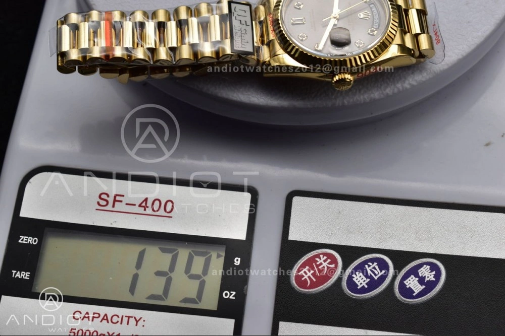 DayDate 36 YG QF Best Edition 904L Steel Grey Dial with Square Diamond on President Bracelet vr3255 V5 (Gain Weight)