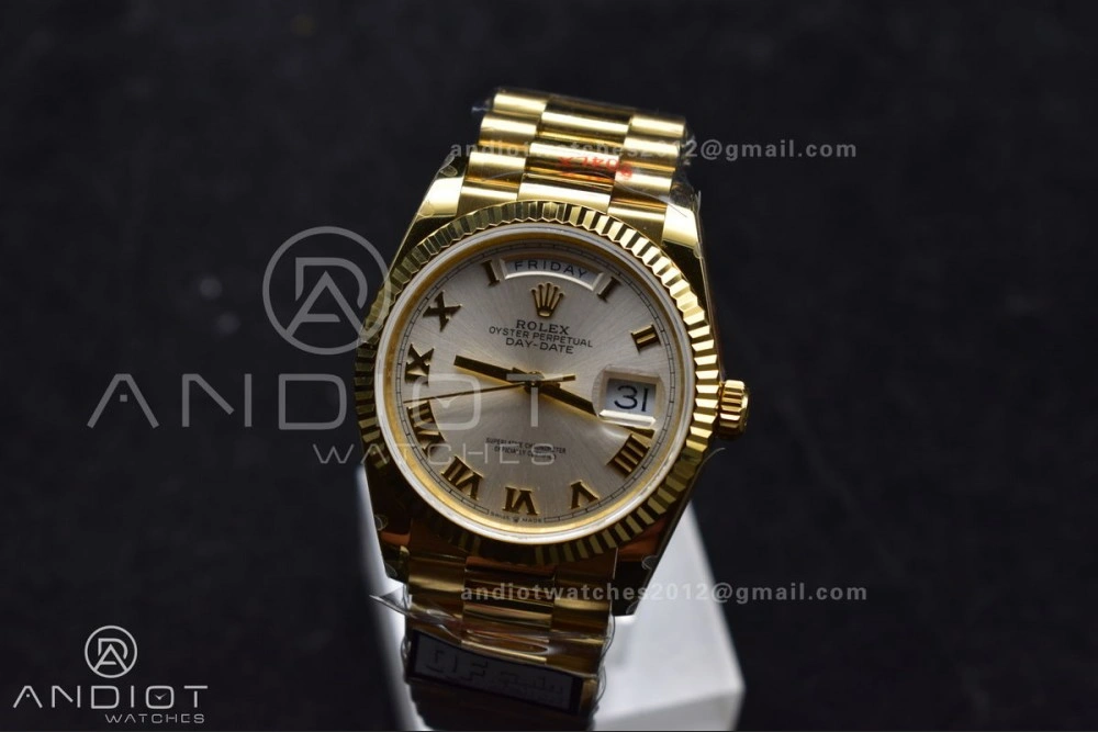 DayDate 36 YG QF Best Edition 904L Steel Silver Dial with Roman Markers on President Bracelet vr3255 V5 (Gain Weight)