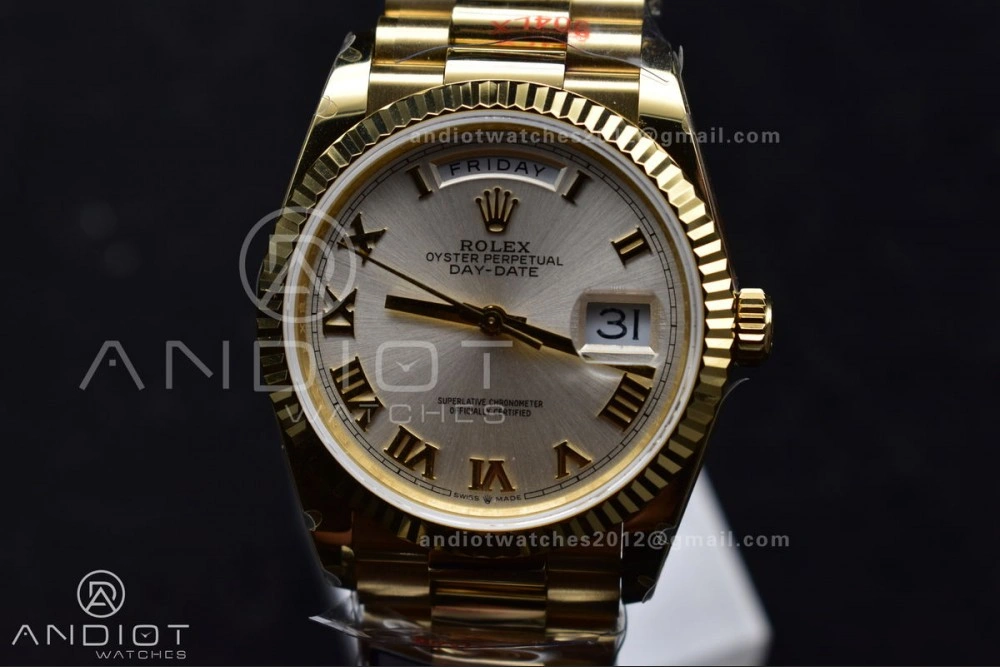 DayDate 36 YG QF Best Edition 904L Steel Silver Dial with Roman Markers on President Bracelet vr3255 V5 (Gain Weight)