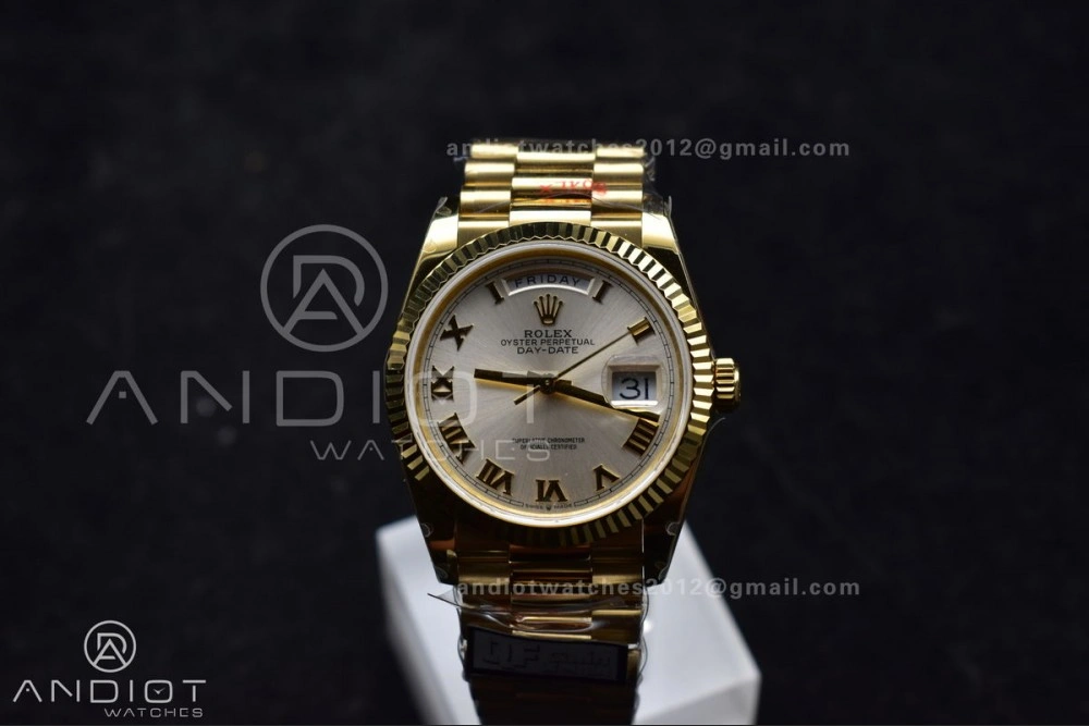 DayDate 36 YG QF Best Edition 904L Steel Silver Dial with Roman Markers on President Bracelet vr3255 V5 (Gain Weight)
