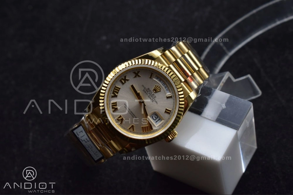 DayDate 36 YG QF Best Edition 904L Steel Silver Dial with Roman Markers on President Bracelet vr3255 V5 (Gain Weight)