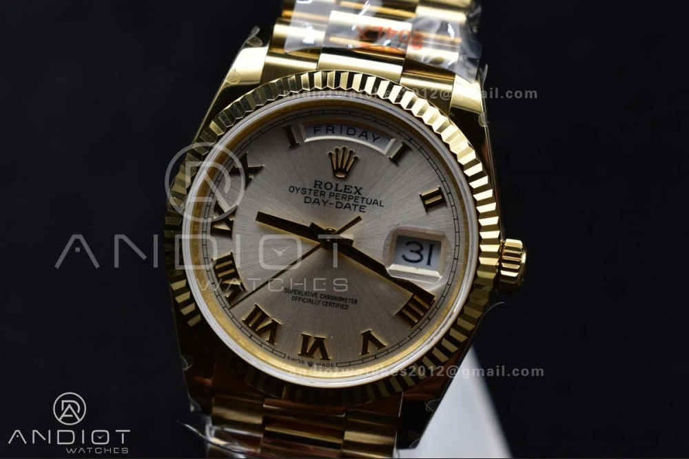 DayDate 36 YG QF Best Edition 904L Steel Silver Dial with Roman Markers on President Bracelet vr3255 V5 (Gain Weight)