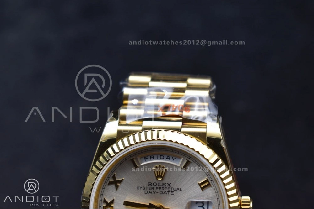 DayDate 36 YG QF Best Edition 904L Steel Silver Dial with Roman Markers on President Bracelet vr3255 V5 (Gain Weight)