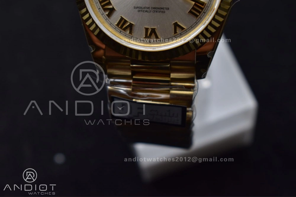 DayDate 36 YG QF Best Edition 904L Steel Silver Dial with Roman Markers on President Bracelet vr3255 V5 (Gain Weight)