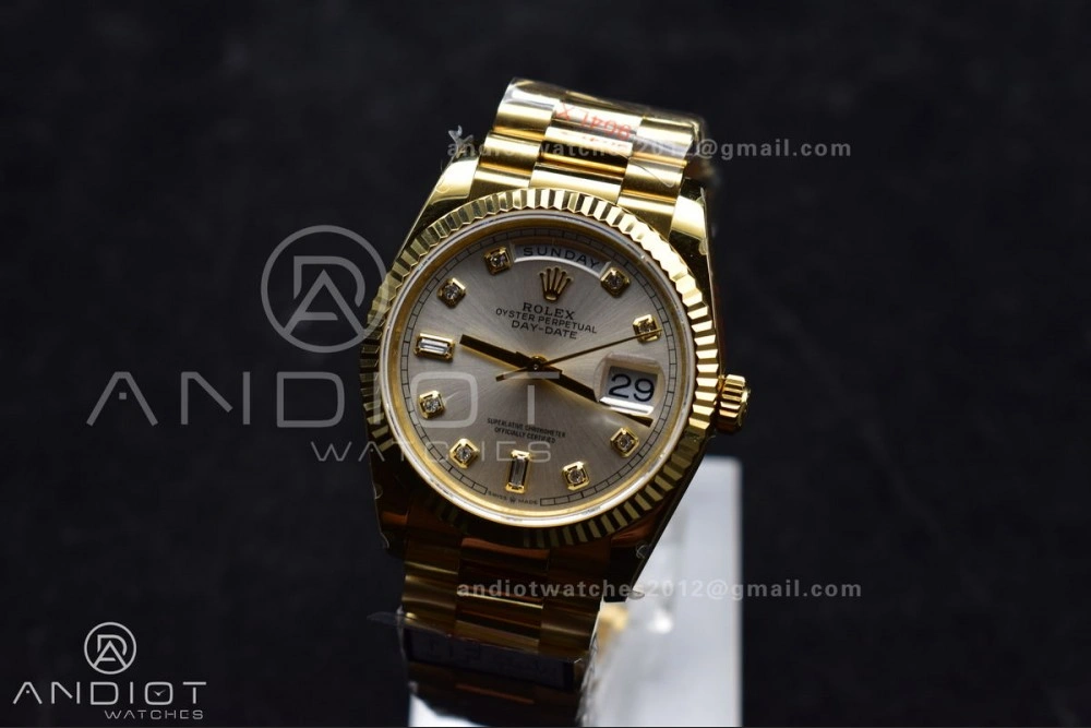 DayDate 36 YG QF Best Edition 904L Steel Silver Dial with Square Diamond on President Bracelet vr3255 V5 (Gain Weight)