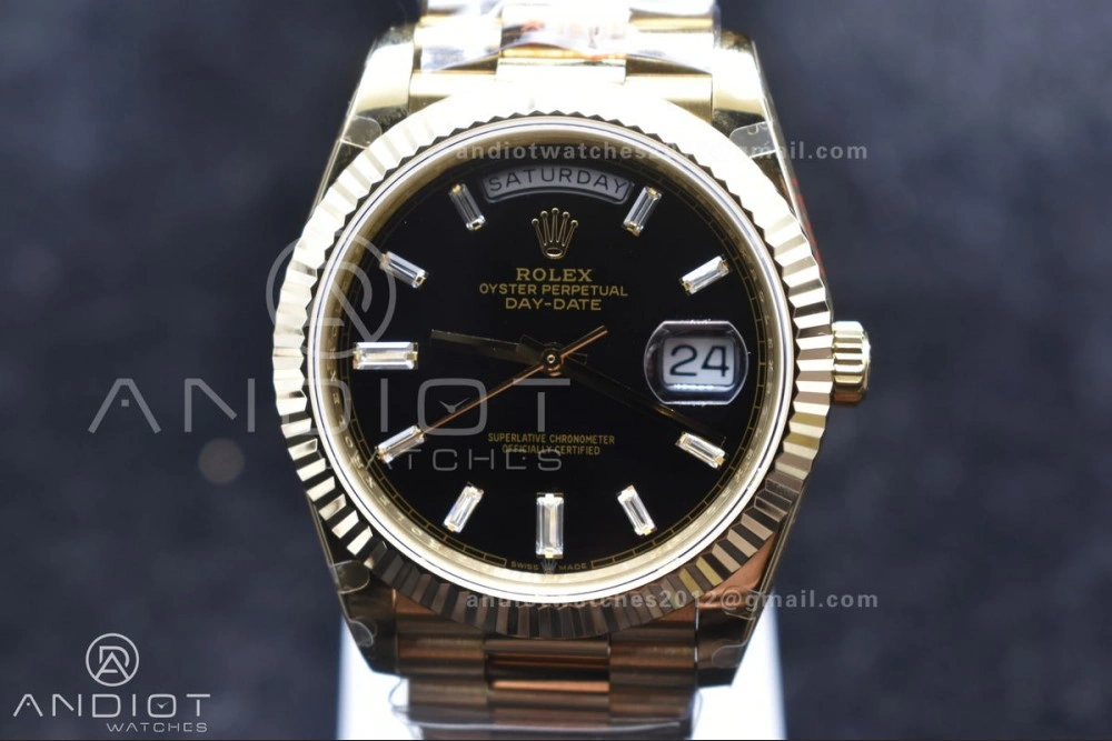 DayDate 40 RG GMF Tungsten Weighted 904L Steel Black Dial with Crystal Markers On President Bracelet A2836 V2