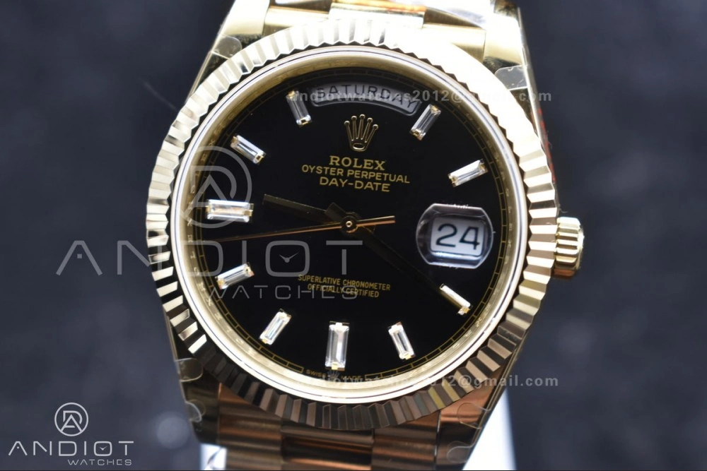 DayDate 40 RG GMF Tungsten Weighted 904L Steel Black Dial with Crystal Markers On President Bracelet A2836 V2