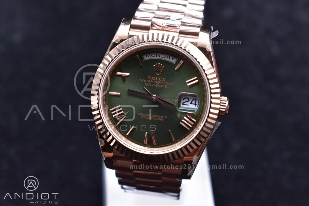 DayDate 40 RG GMF Tungsten Weighted 904L Steel Green Dial Roman Markers on President Bracelet A2836 V2