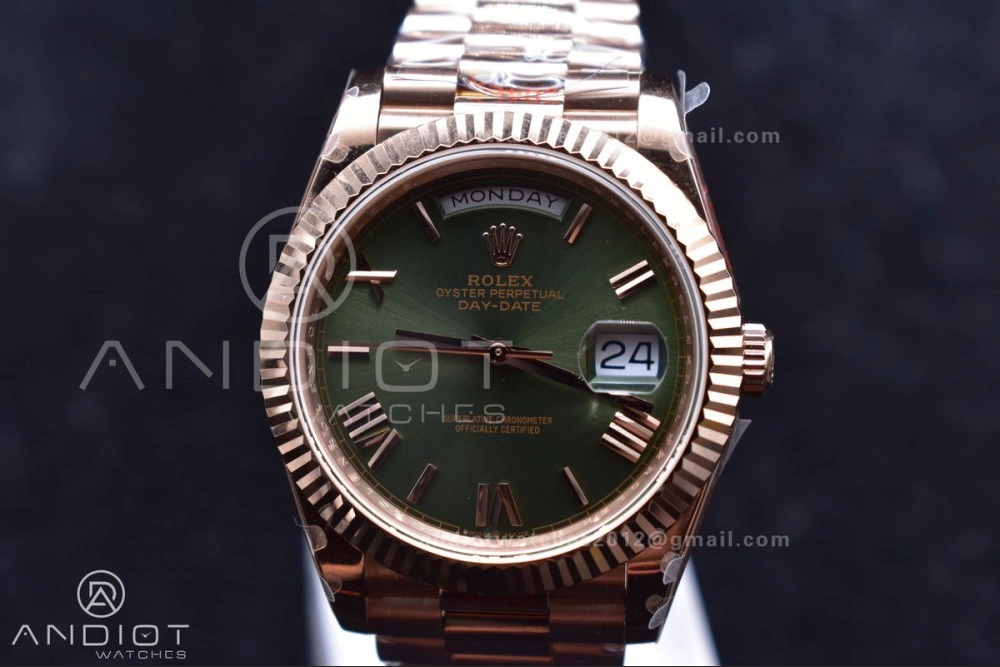 DayDate 40 RG GMF Tungsten Weighted 904L Steel Green Dial Roman Markers on President Bracelet A2836 V2