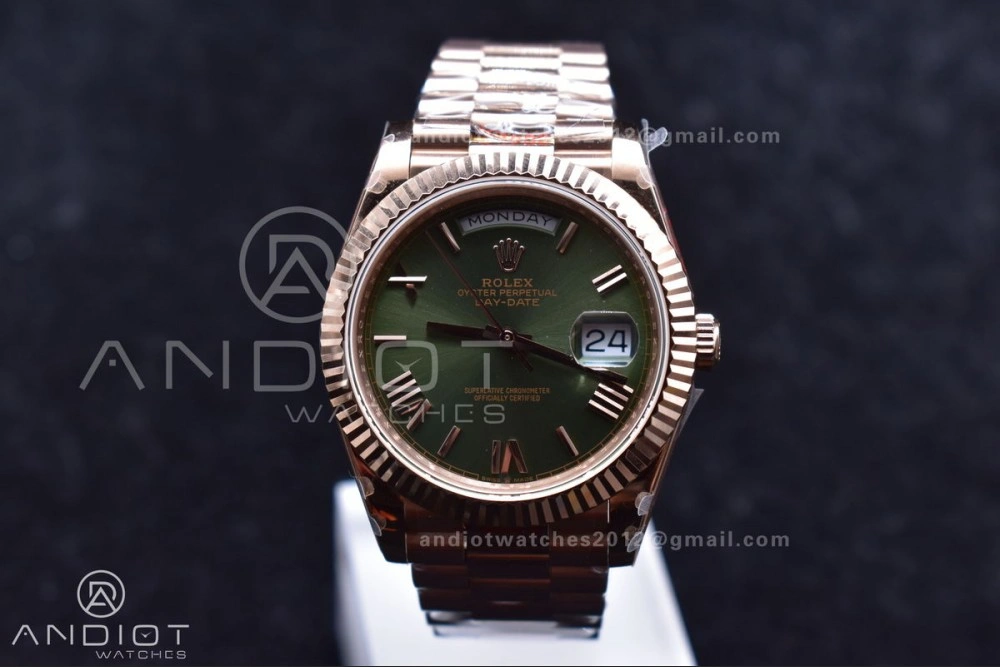 DayDate 40 RG GMF Tungsten Weighted 904L Steel Green Dial Roman Markers on President Bracelet A2836 V2