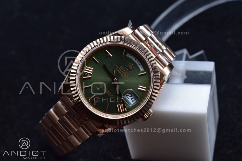 DayDate 40 RG GMF Tungsten Weighted 904L Steel Green Dial Roman Markers on President Bracelet A2836 V2