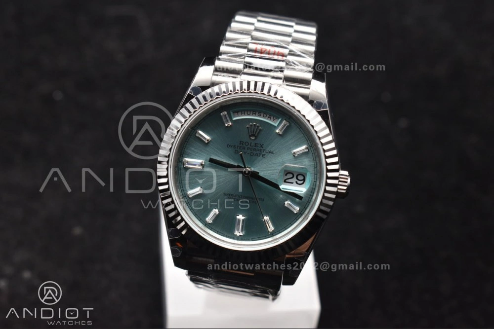 DayDate 40 SS GMF 904L Steel Ice Blue Stick Dial On President Bracelet A3255 V2