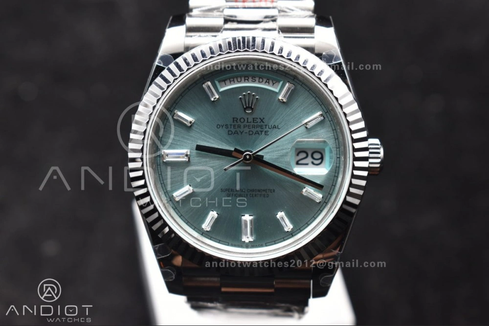 DayDate 40 SS GMF 904L Steel Ice Blue Stick Dial On President Bracelet A3255 V2