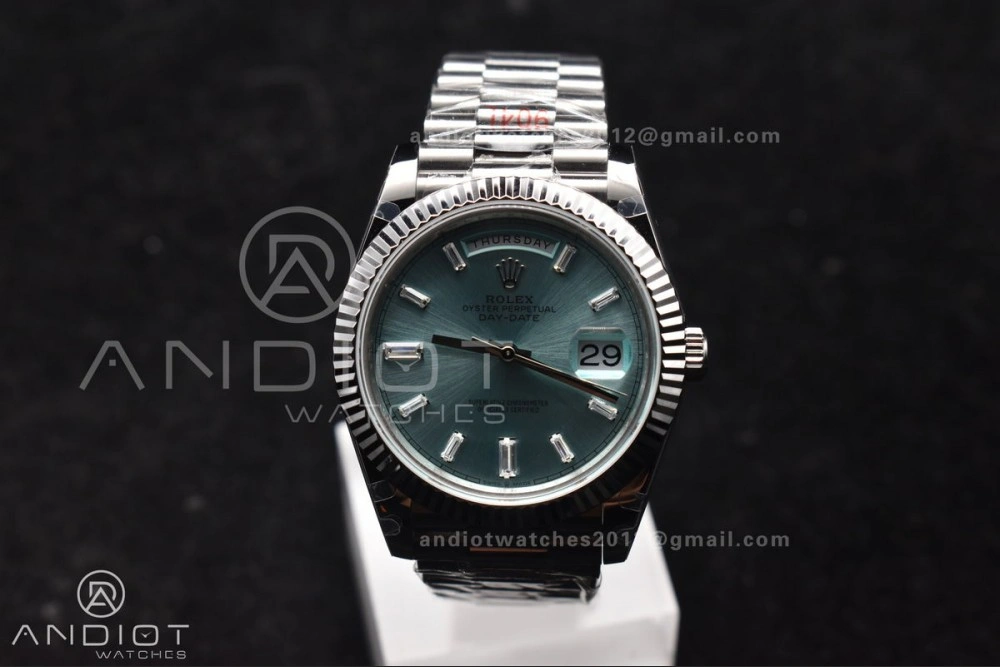 DayDate 40 SS GMF 904L Steel Ice Blue Stick Dial On President Bracelet A3255 V2