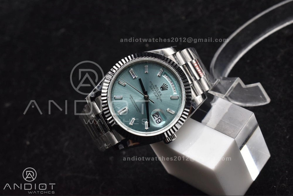 DayDate 40 SS GMF 904L Steel Ice Blue Stick Dial On President Bracelet A3255 V2